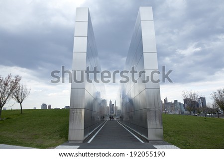 Jersey City, United States - May 3, 2014: September 11 Memorial, also known as Empty Sky. Memorial is located in Liberty State Park. Names of the victims of 9/11 are engraved in the walls.