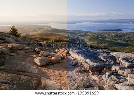 Half Evening and half daylight photo at the Cadillac Mountain in Acadia National Park, Maine.