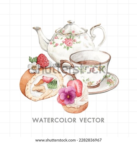 Watercolor illustration of a tea set. Hand drawn illustration of a tea set.