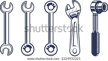 Drawing vector Mechanic Wrenches collection. Working key tools illustration. Open box ended combination adjustable socket cartoon