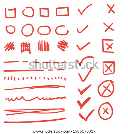 Doodle check marks and underlines. Hand drawn red strokes and pen markings V marks for list items vector