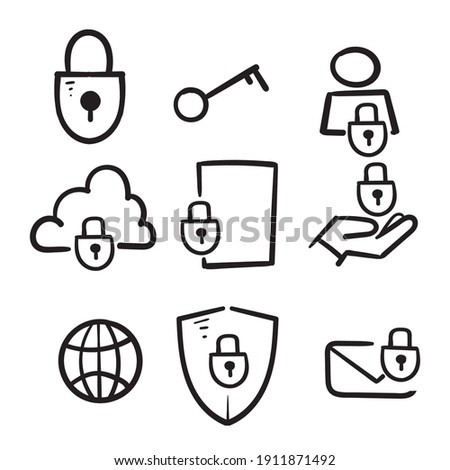 hand drawn data protection icons in doodle style, isolated vector.