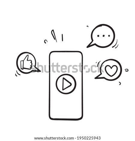 hand drawn doodle mobile video play, social media share icon vector