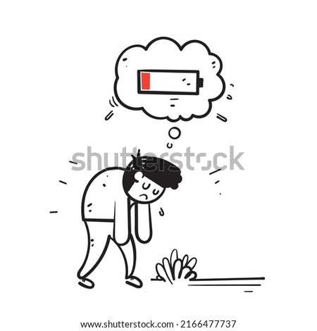 hand drawn doodle tired fatigue person with low battery illustration