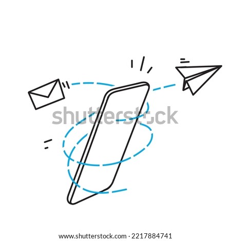 hand drawn doodle smart phone with flying paper plane and envelope illustration