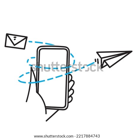 hand drawn doodle smart phone with flying paper plane and envelope illustration