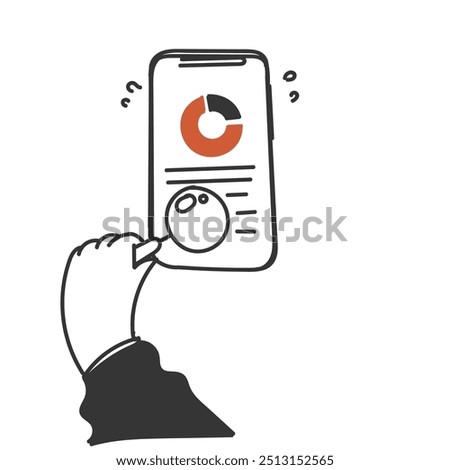 person doing analysis chart with magnifying glass on the mobile phone in doodle cartoon style