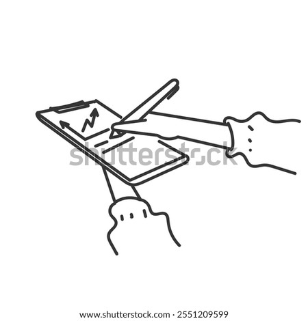 hand holding clipboard with significant data graph growth arrow in doodle