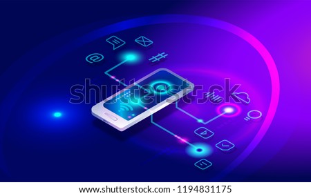 Isometric smartphone with different applications, apps, 7 on-line services, software. Isometric smartphone, mobile phone 3d and social media icons, internet banking