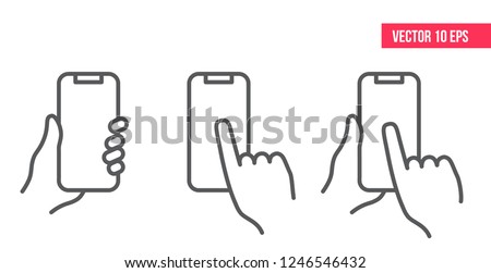Mobile Phone Line Icon.
Hand holding smartphone. Smartphone with white screen vector eps10. 