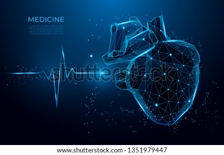 Abstract heart beat form lines and triangles, point connecting network on blue background. 3d medicine model low poly. Polygon vector wireframe concept