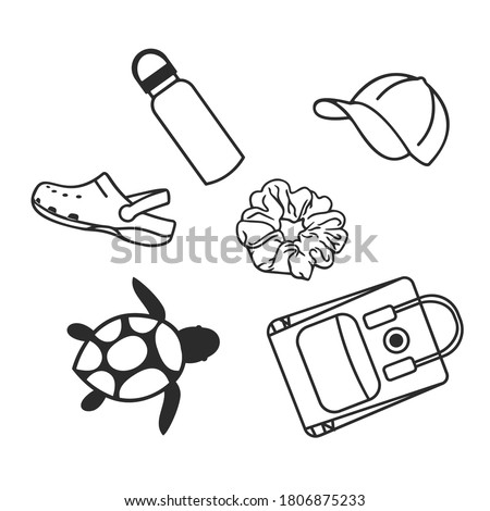 VSCO girls. Illustration of a scrunchies, sea turtles,  water bottles, backpack . For posters, cards, banners and t-shirt design. illustration isolated on white background. 