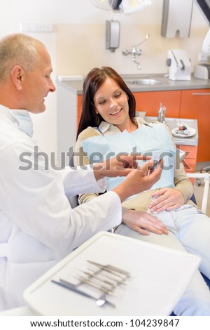 Visit at dentist showing female patient model of teeth