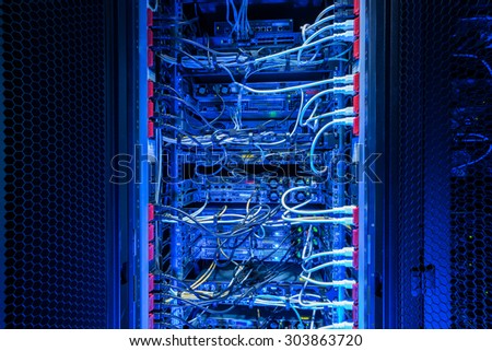 Backside of internet server rack showing power sockets connection