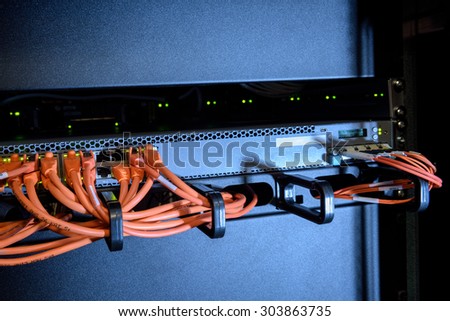 Ethernet cables of internet switch in server room