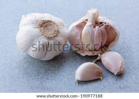 Garlic head and separate on gray asbestos sheet
