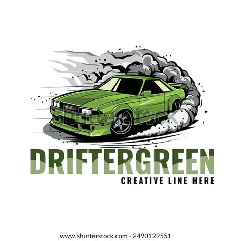 drifter green car with smoke and dust