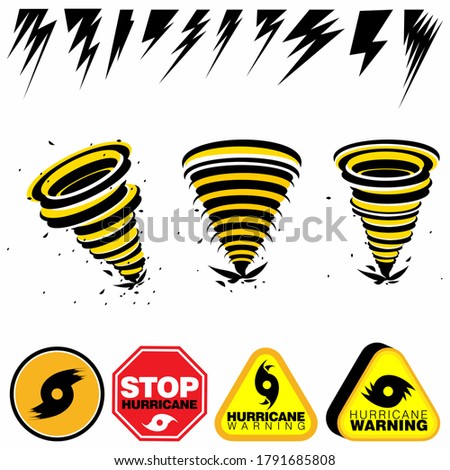 Set of lightning bolts and hurricane warning signs on an isolated white background 