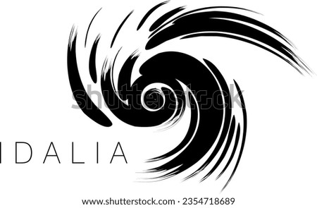 An abstract vector illustration of Category 4 Hurricane Idalia in black brush strokes on an isolated white background