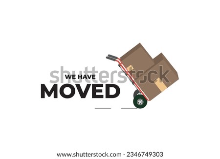 We've Moved sign indicating an office relocation. The clipart image is presented against a white background and prominently showcases a hand truck or dolly along with several boxes
