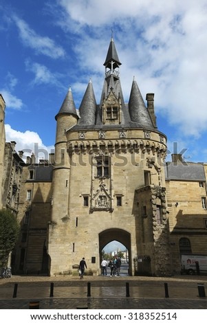 Bordeaux, France - September 18 2015, historical Porte Cailhau in summer with blue sky in Bordeaux, Gironde, Aquitaine, France