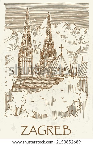 Vector sketch of Cathedral in Zagreb, Croatia. Retro artistic style.