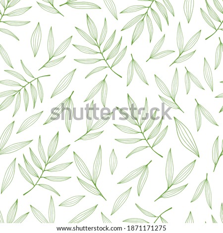 Seamless background with bamboo leaves and branches. Set of bamboo tree leaves. Hand drawn botanical collection.  Drawing of parts of bamboo and sections of branches and leaves.