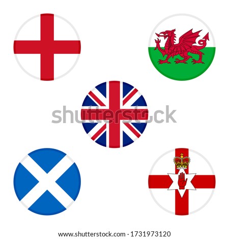 set of round icon flag. united kingdom, england, wales, scotland and northern ireland flags, isolated on white background 