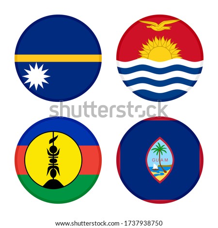 set of round icons flags. nauru, kiribati, new caledonia and guam flags. isolated on white background