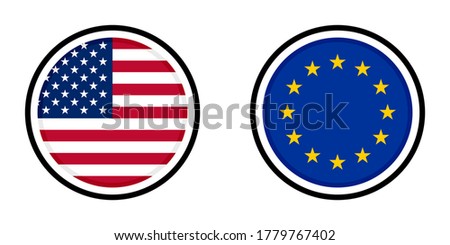 round icons with united states of america and european union flags