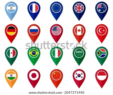 set of map pointer icons isolated on white background. g20 countries flags. vector illustration