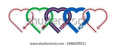 friendship concept. heart shaped ribbon icons of england, wales, united kingdom, scotland and northern ireland flags. vector illustration isolated on white background