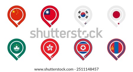 map pin icon set of east asian countries. vector illustration isolated on white background