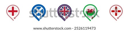 map pin icon mini of england, scotland, union jack, wales and northern ireland flags. vector illustration isolated on white background