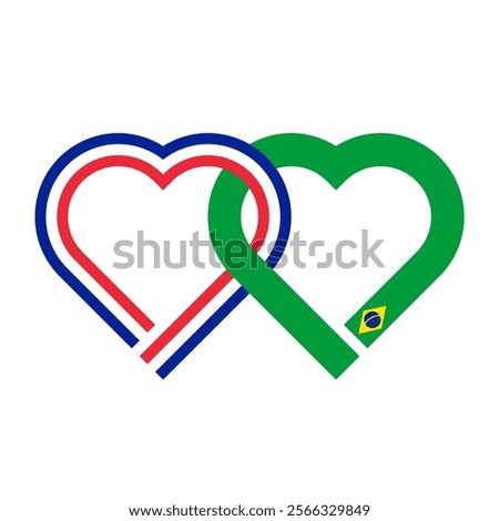 heart shaped ribbon of france and brazil flags intertwined. vector illustration isolated on white background