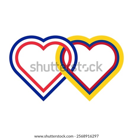 heart shaped ribbon of france and colombia flags intertwined. vector illustration isolated on white background