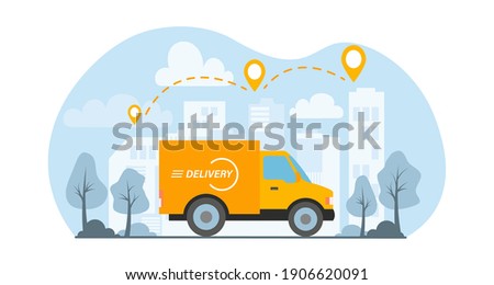 Yellow delivery van ships a parcel in a city. Concept of express delivery. Vector illustration in flat style