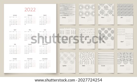 2022 calendar design. Week starts on Monday. 2022 full calendar. Editable calender page template A4, A3. Vertical. Abstract artistic vector illustrations. Pastel background. Set of 12 months.