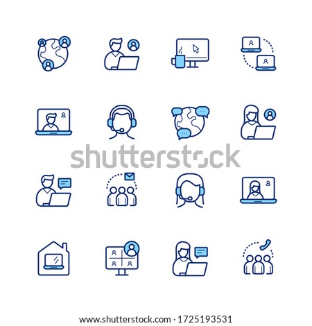 Remote work outline icons. Included icons as work from home, freelance worker with laptop, meetings, video calls, workspace, communication around the globe and more.