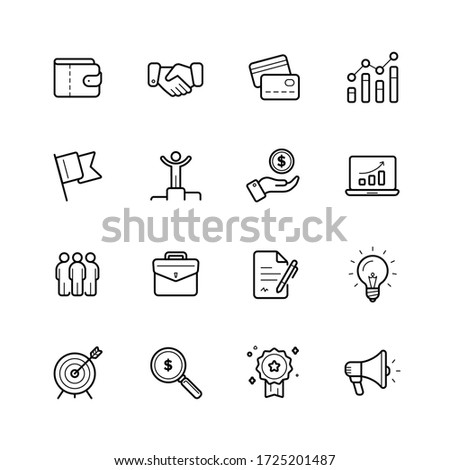 Business outline icons. Included icons as handshake, money, team, case, analytics, profit, signing documents, research achievement, promotion and more.