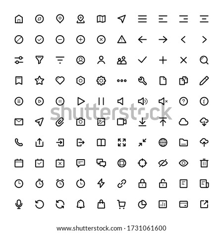 Set of 100 UI icons for web and mobile design. Contains such icons as Home, Notification, Profile, Settings, Arrows, Log In, Favorite, Message, Calendar, Phone, Clock, Attachment, Download and Upload