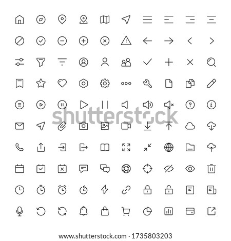 Set of 100 Thin UI icons for web and mobile design. Contains such icons as Home, Notification, Profile, Settings, Arrows, Log In, Favorite, Message, Calendar, Phone, Clock, Attachment, Download