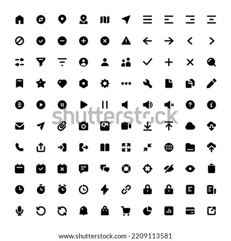 Set of 100 Solid UI icons for web and mobile design. Contains such icons as Home, Notification, Profile, Settings, Arrows, Log In, Favorite, Message, Calendar, Phone, Clock, Attachment, Download