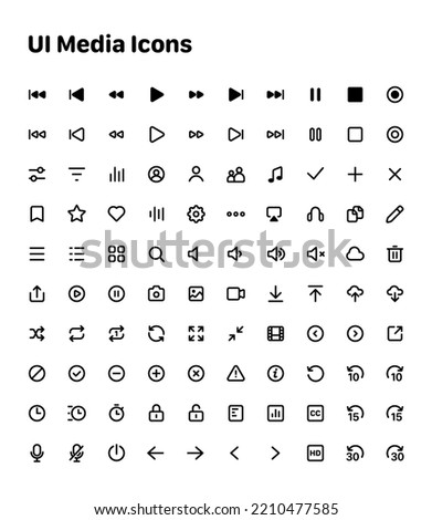 Set of 100 UI media icons for web and mobile design. Contains such icons as Play, Pause, Shuffle, Profile, Settings, Arrows, Playlist, Favorite, Timer, Download, Upload, Record, Mic, CC, HD, Share