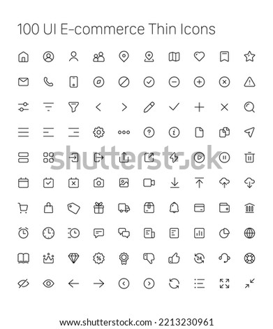 Set of 100 Thin UI E-commerce icons for web and mobile design. Contains such icons as Home, Notification, Profile, Settings, Delivery, Log In, Favorite, Cart, Calendar, Sale, Contacts, Payment, Price