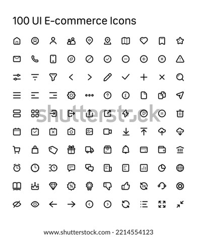 Set of 100 UI E-commerce icons for web and mobile design. Contains such icons as Home, Notification, Profile, Settings, Delivery, Log In, Favorite, Cart, Calendar, Sale, Contacts, Payment, Price, Like