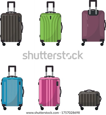 Set of large travel plastic suitcases. Bag on wheels for business trip, summer vacation, travel. Foreground. Polycarbonate suitcase with wheels isolated on white. Traveler.