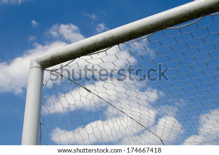 Goal Corner. Soccer (European Football) goal corner with white net sky blue