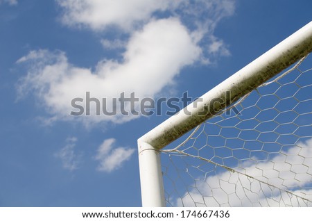 Goal Corner. Soccer (European Football) goal corner with white net sky blue