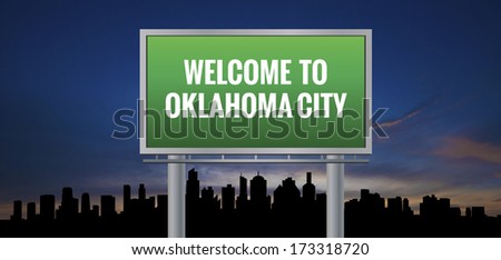 Graphic of a green Oklahoma City, Oklahoma of United States largest cities sign on silhouette skyline and sunset background